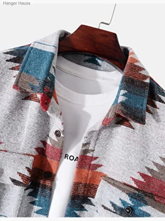 Men's Aztec Print Button Down Woolen Long Sleeve Western Shacket Coat